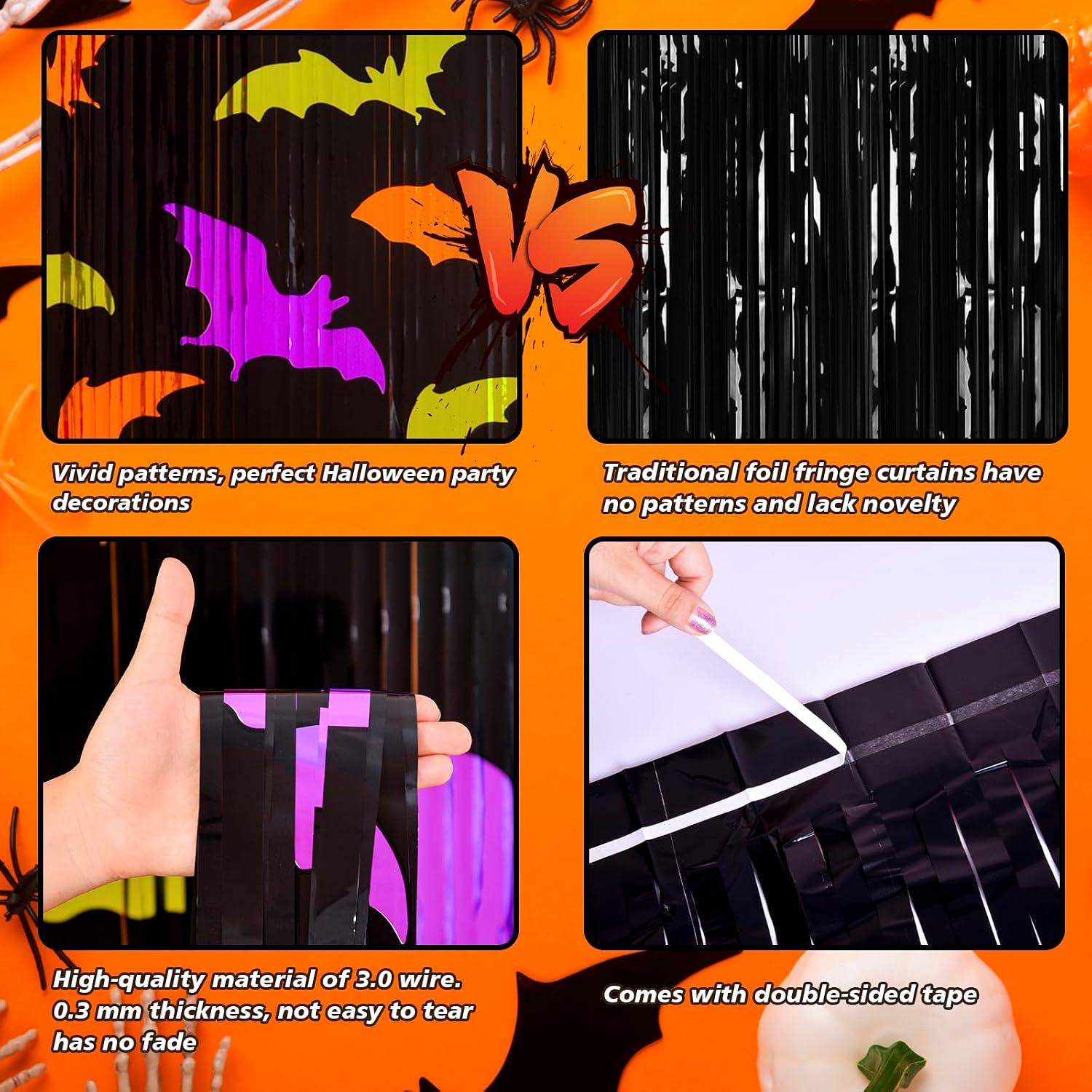 2 Pack Halloween Bat Photo Backdrop, Metallic Foil Fringe Curtains (3.3 x 6.6 ft)