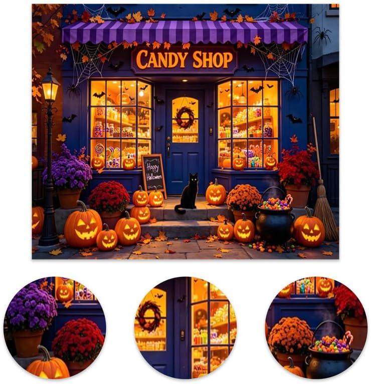 10x8ft Halloween Candy Shop Backdrop, Pumpkin Lamps, Black Cat Vinyl Photo Background