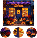 10x8ft Halloween Candy Shop Backdrop, Pumpkin Lamps, Black Cat Vinyl Photo Background