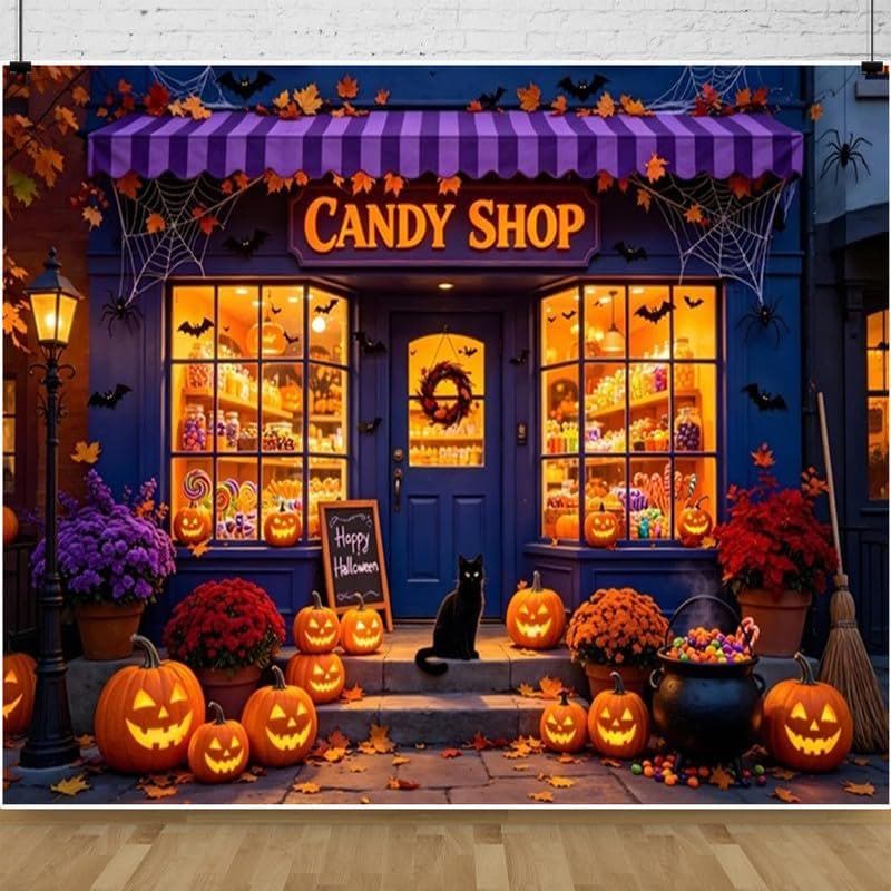 10x8ft Halloween Candy Shop Backdrop, Pumpkin Lamps, Black Cat Vinyl Photo Background