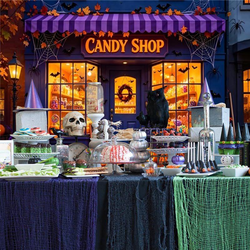 10x8ft Halloween Candy Shop Backdrop, Pumpkin Lamps, Black Cat Vinyl Photo Background