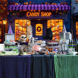 10x8ft Halloween Candy Shop Backdrop, Pumpkin Lamps, Black Cat Vinyl Photo Background