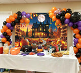 Spooky Halloween Backdrop, Haunted House, Full Moon, Pumpkins (7x5ft)