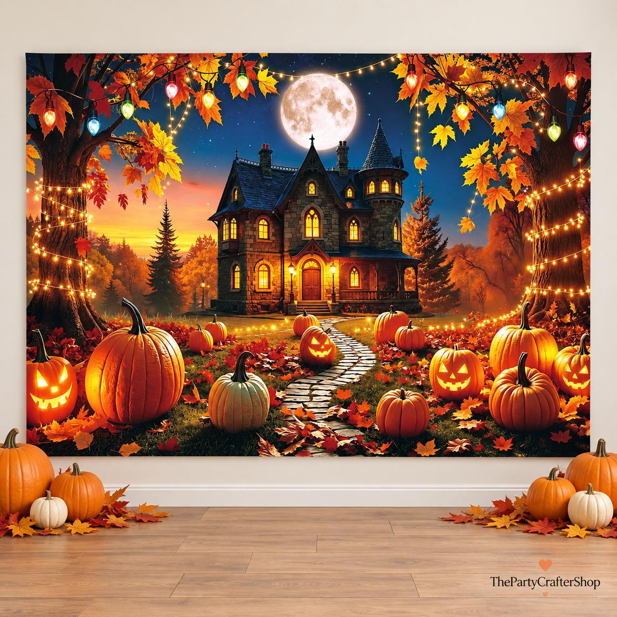 Spooky Halloween Backdrop, Haunted House, Full Moon, Pumpkins (7x5ft)