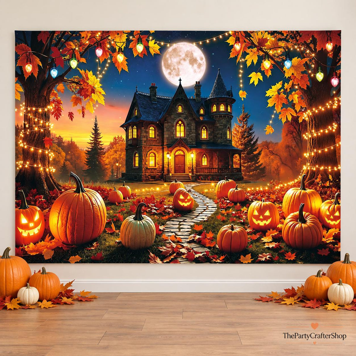 Spooky Halloween Backdrop, Haunted House, Full Moon, Pumpkins (7x5ft)