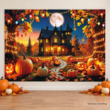 Spooky Halloween Backdrop, Haunted House, Full Moon, Pumpkins (7x5ft)