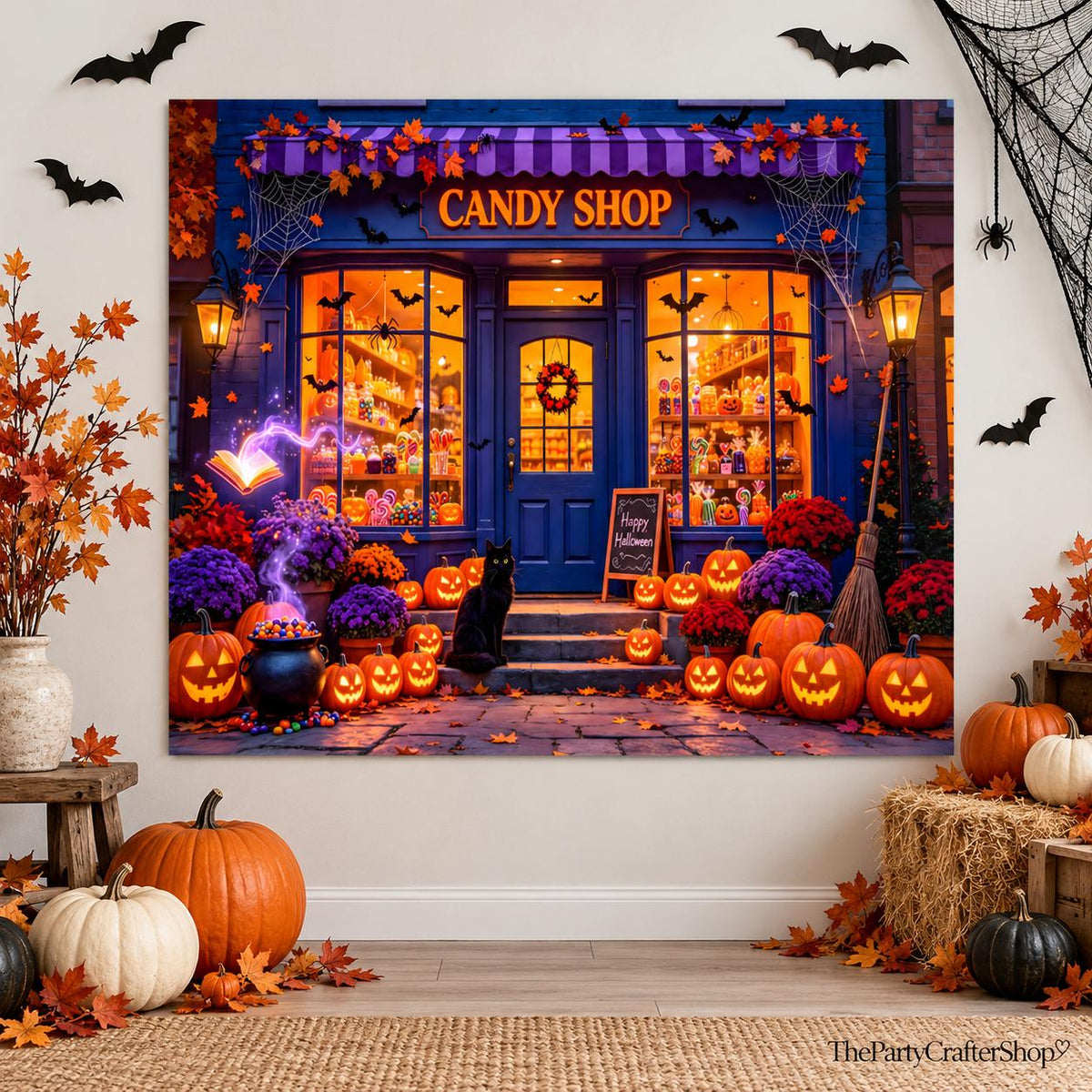 10x8ft Halloween Candy Shop Backdrop, Black Cat Pumpkin Lantern Store Photo Background (Vinyl)