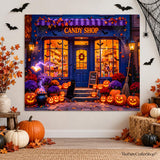 10x8ft Halloween Candy Shop Backdrop, Black Cat Pumpkin Lantern Store Photo Background (Vinyl)