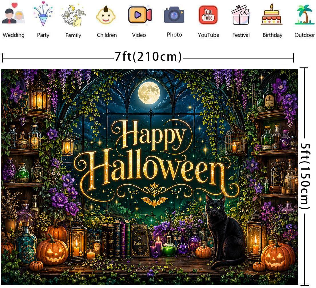 Happy Halloween Witch Backdrop, Spooky Photo Booth Decor (7x5ft)