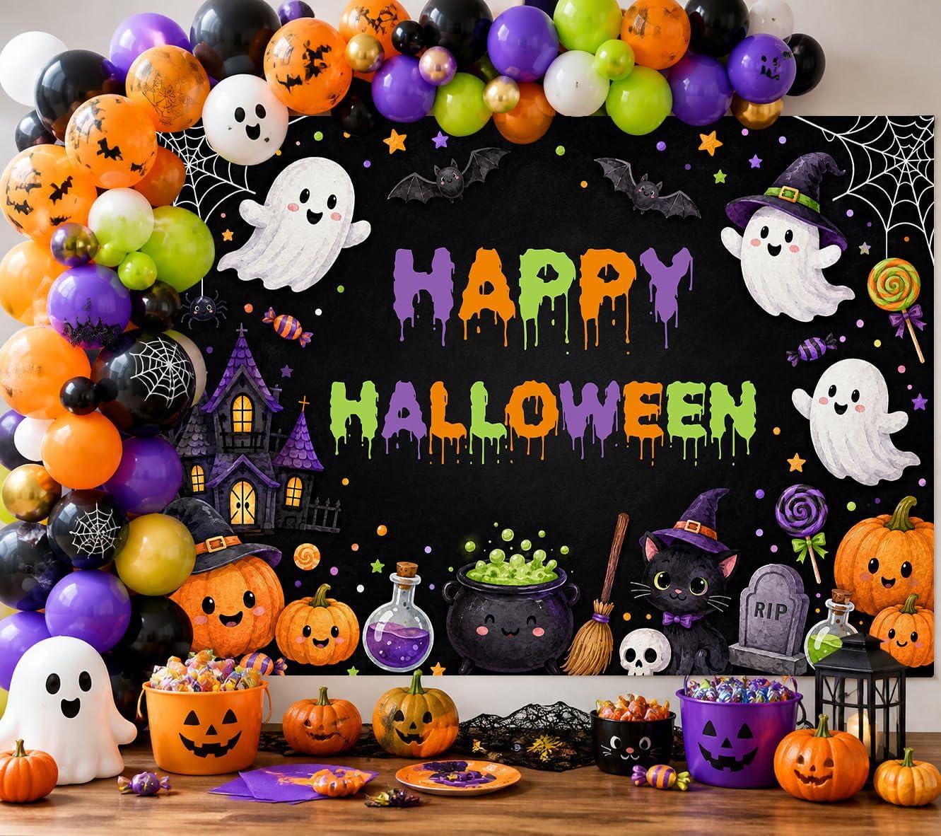 Happy Halloween Vinyl Backdrop, Spooky Ghost Party Photo Booth Decor (7x5ft)