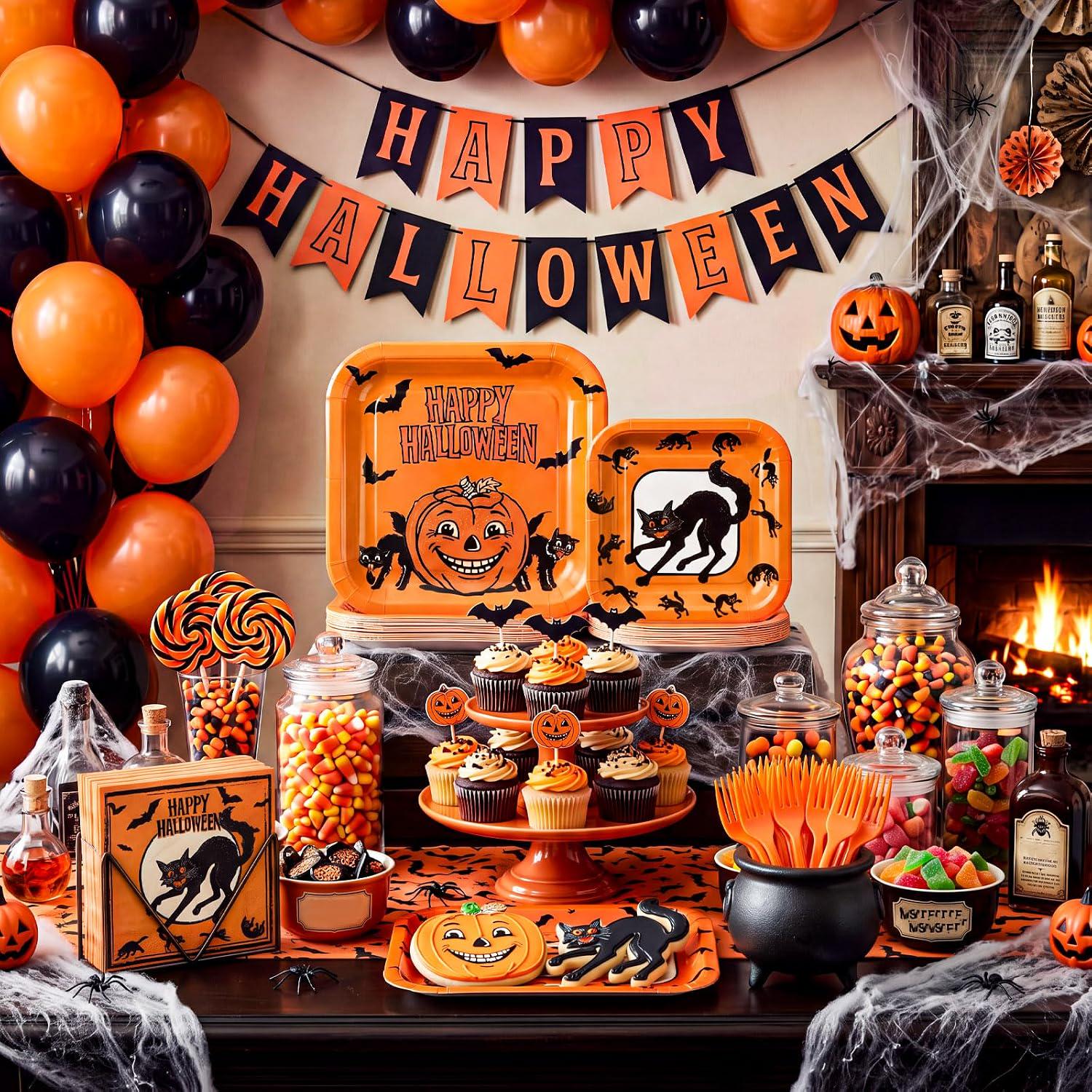 Vintage Halloween Party Set: Large Plates, Small Platters, Napkins, Forks