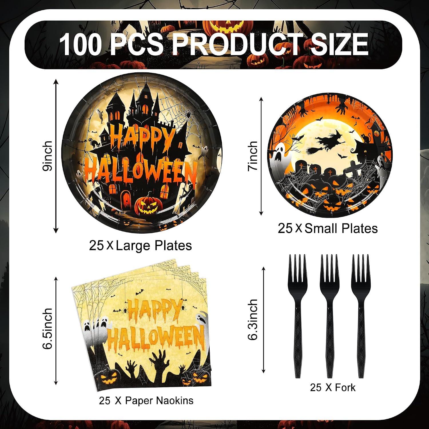 100 Piece Halloween Partyware Set, 9-Inch Dinner Plates, 7-Inch Dessert Plates, Napkins, Plastic Forks