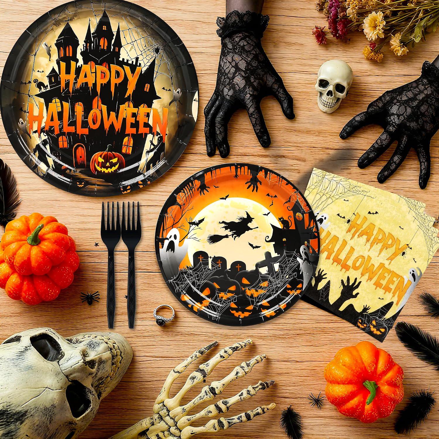 100 Piece Halloween Partyware Set, 9-Inch Dinner Plates, 7-Inch Dessert Plates, Napkins, Plastic Forks
