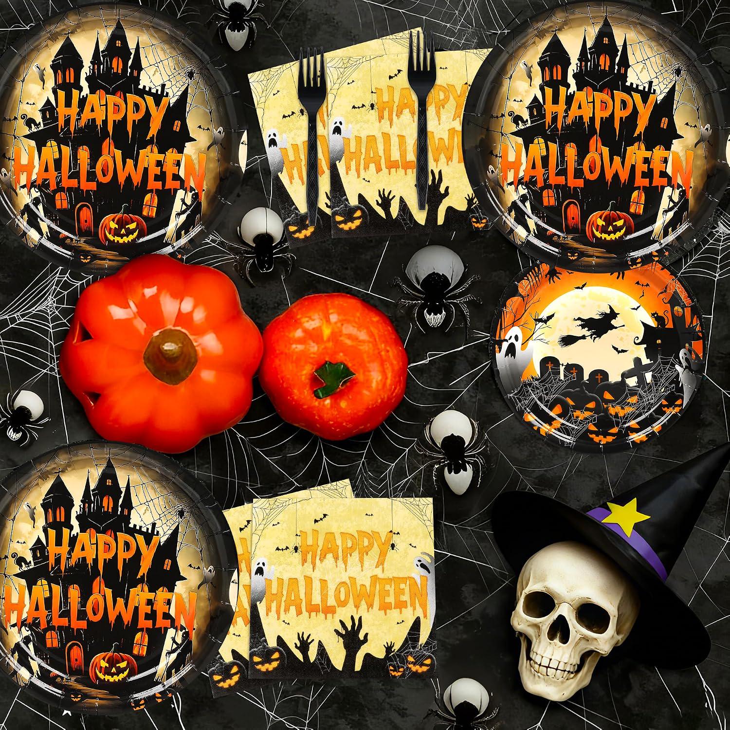 100 Piece Halloween Partyware Set, 9-Inch Dinner Plates, 7-Inch Dessert Plates, Napkins, Plastic Forks