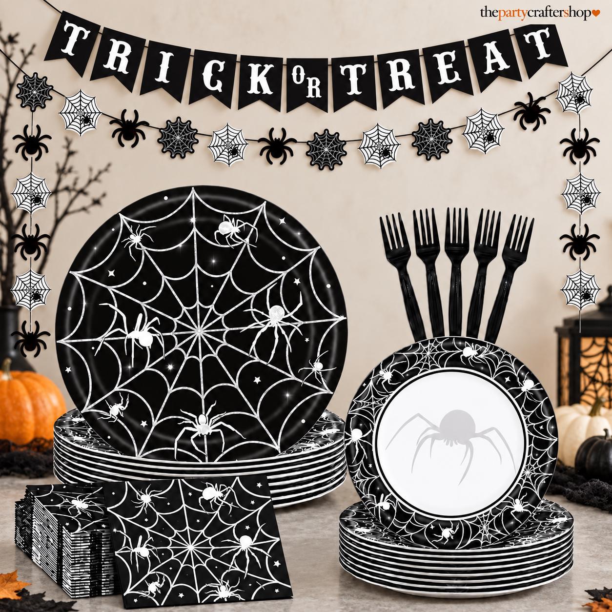 Halloween Party Set: 82 Pieces for 20 Guests, Black Spider Web Design, Disposable Paper