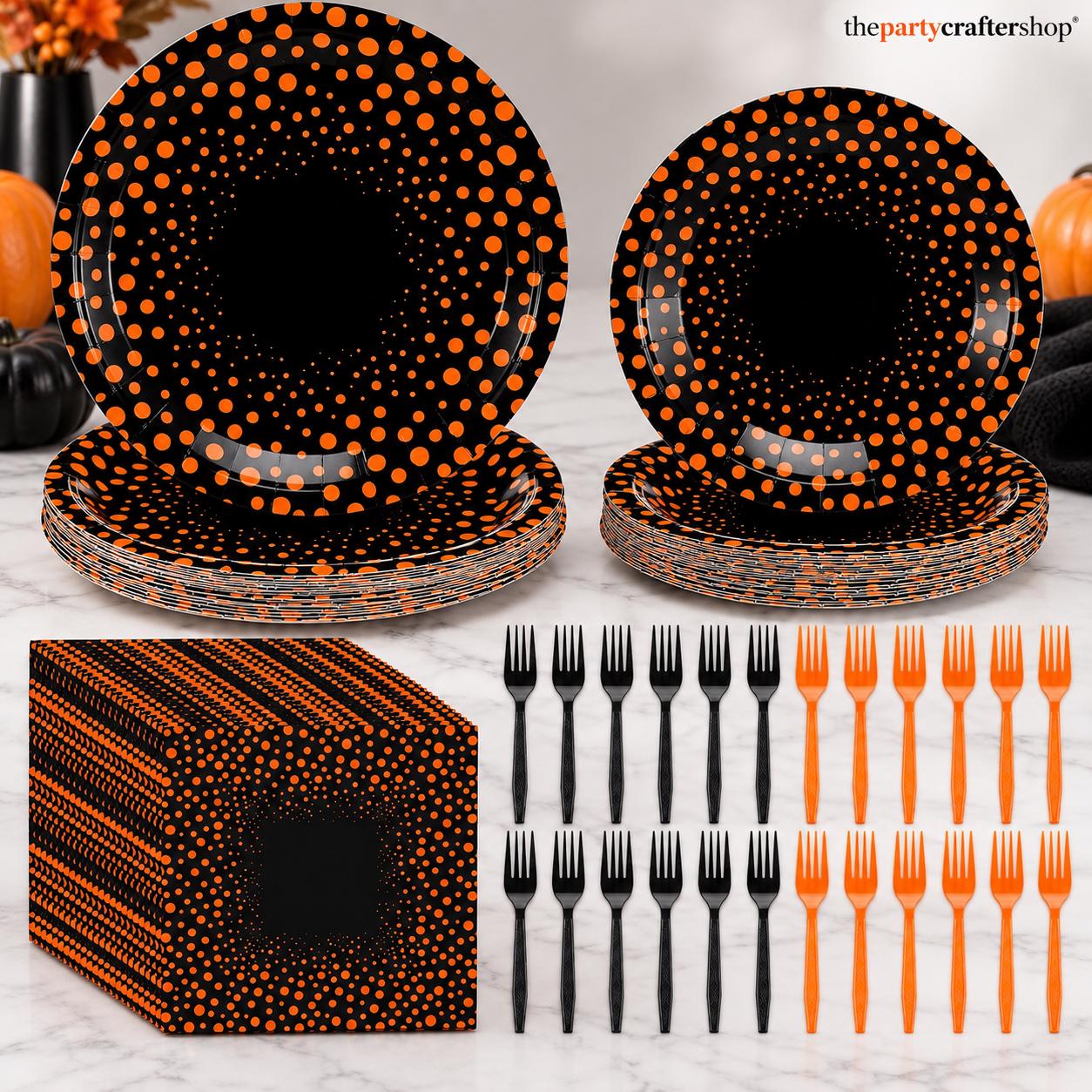 Black Orange Polka Dot Partyware Set: 9-Inch Dinner Plates, 7-Inch Dessert Plates, Napkins, Forks