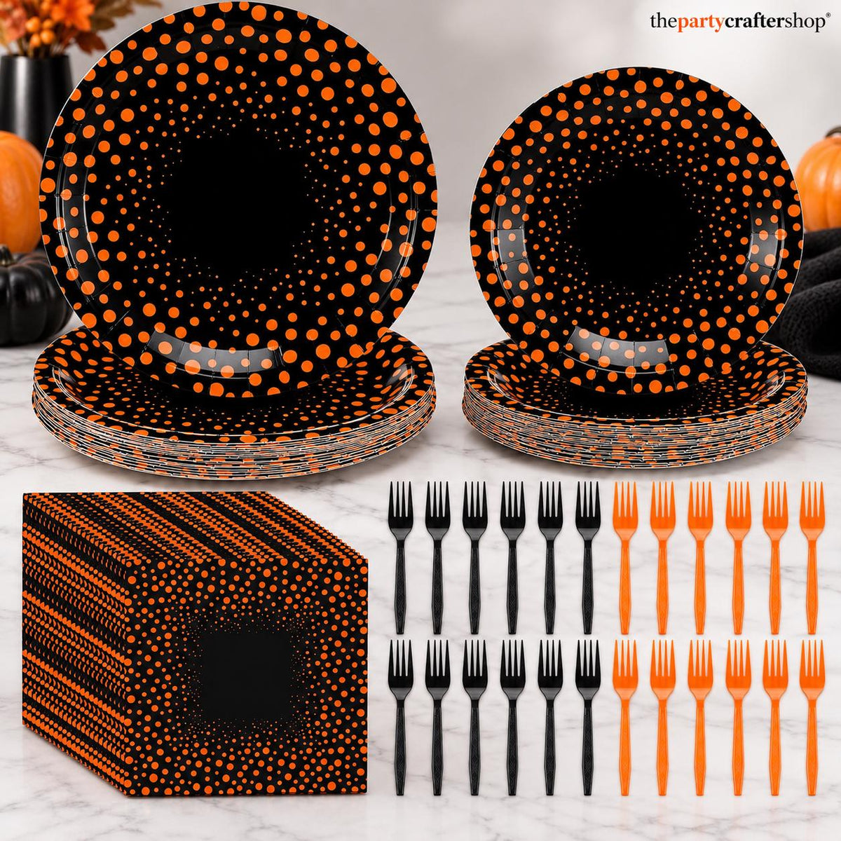 Black Orange Polka Dot Partyware Set: 9-Inch Dinner Plates, 7-Inch Dessert Plates, Napkins, Forks