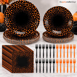 Black Orange Polka Dot Partyware Set: 9-Inch Dinner Plates, 7-Inch Dessert Plates, Napkins, Forks