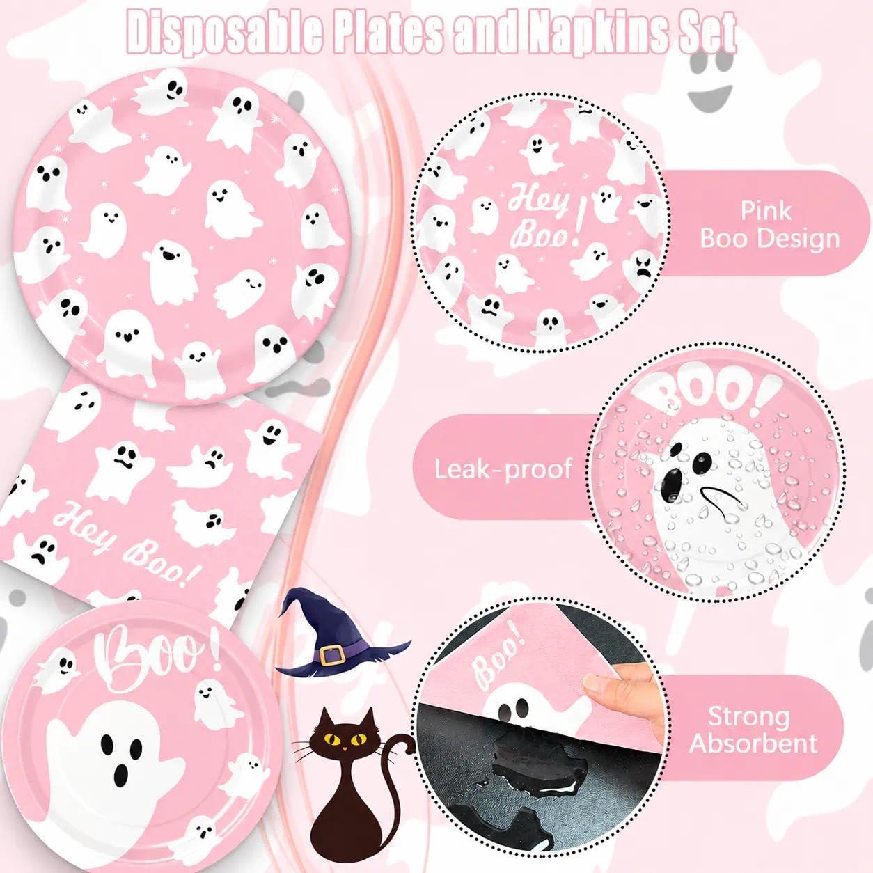 180-Piece Pink Halloween Partyware Set: Ghost Plates, Napkins (Disposable)