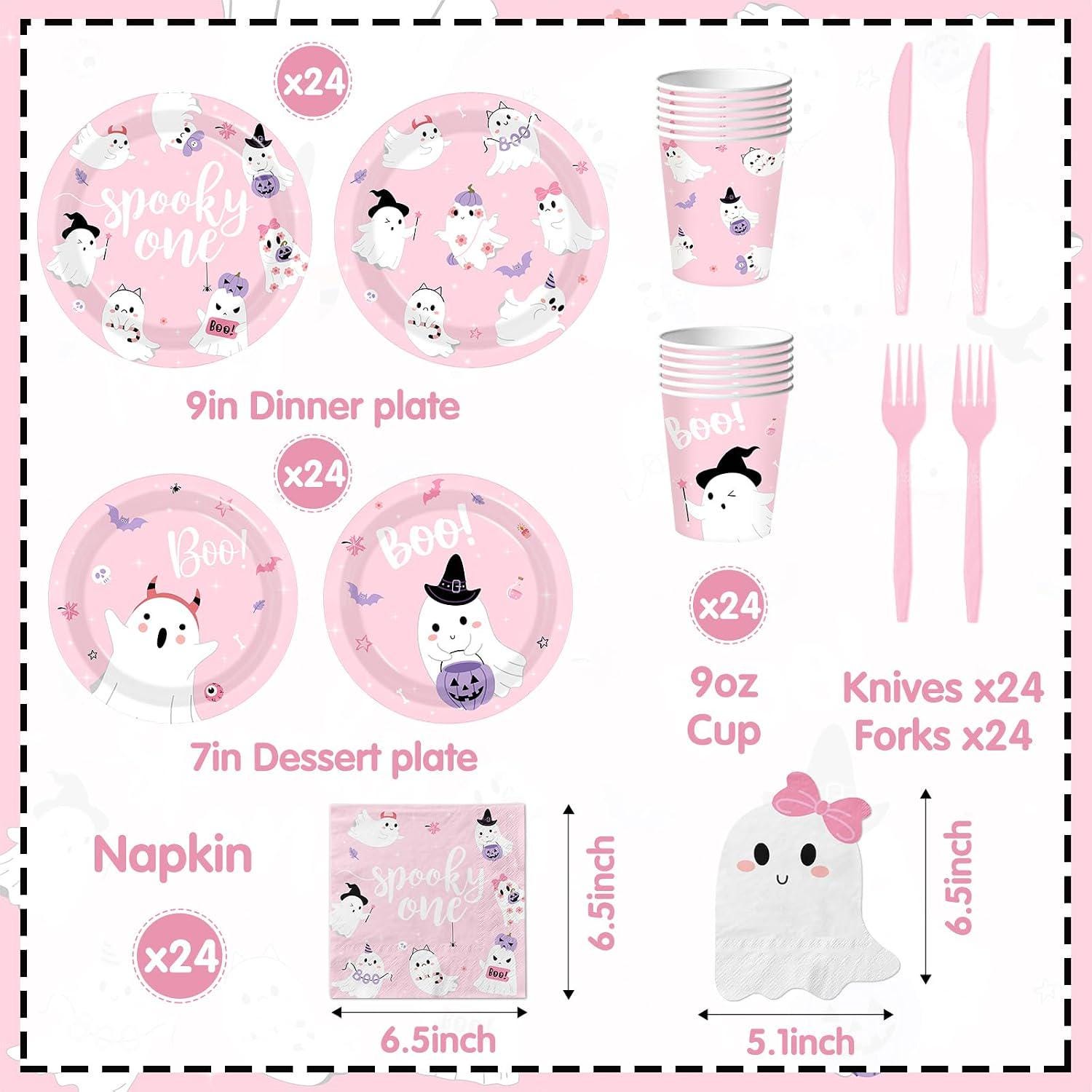 Disposable Partyware Set, Pink Spooky One Ghost Plates, 9-Inch and 7-Inch for Baby Girl