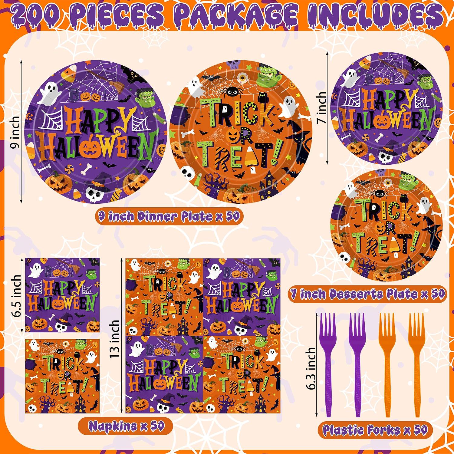 Disposable Halloween Tableware: 9-Inch Dinner Plates, 7-Inch Dessert Plates, 6.5-Inch Napkins, 6.3-Inch Forks