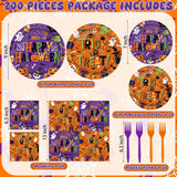 Disposable Halloween Tableware: 9-Inch Dinner Plates, 7-Inch Dessert Plates, 6.5-Inch Napkins, 6.3-Inch Forks