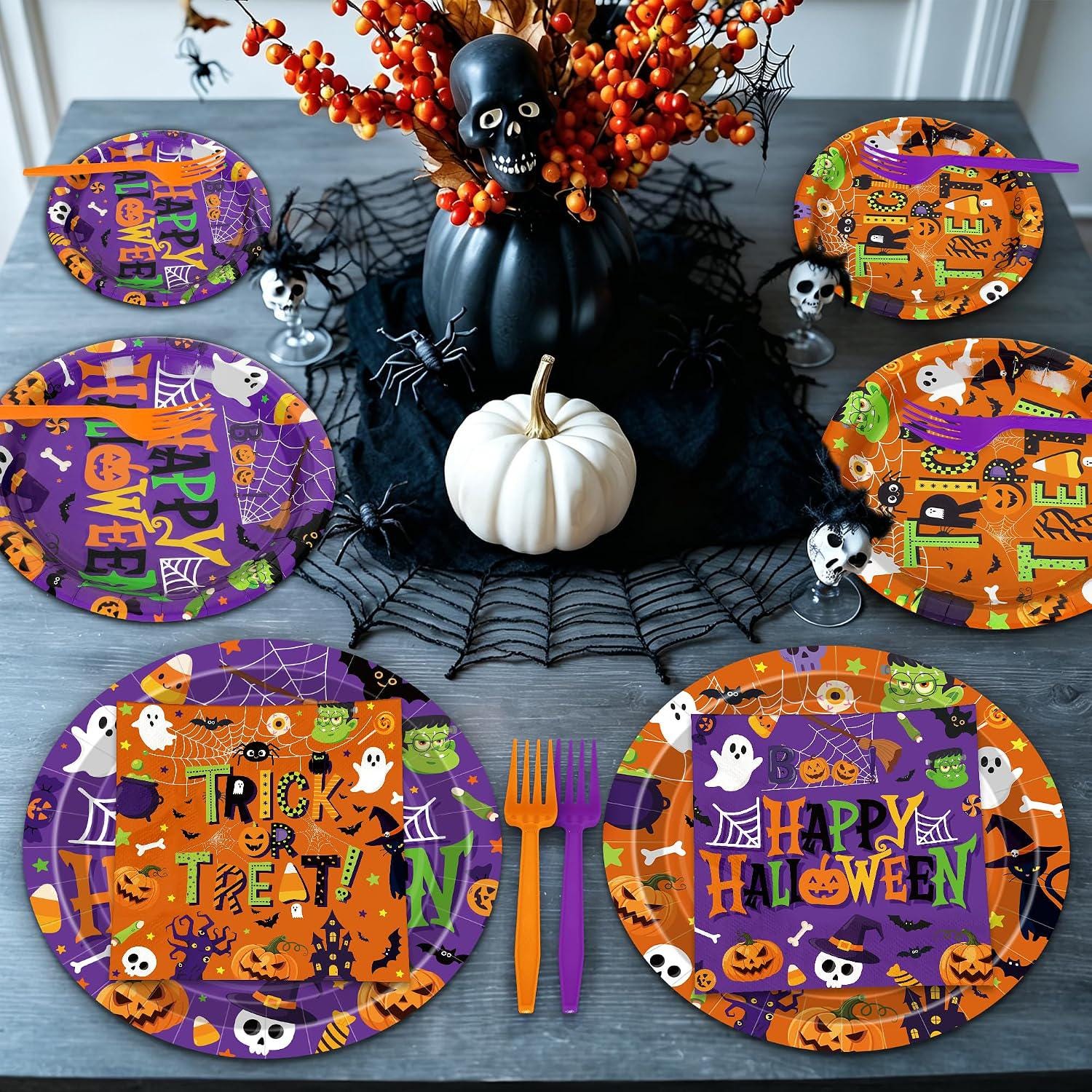 Disposable Halloween Tableware: 9-Inch Dinner Plates, 7-Inch Dessert Plates, 6.5-Inch Napkins, 6.3-Inch Forks