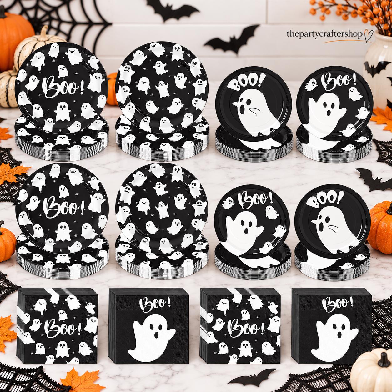 Disposable Halloween Tableware: 180-Piece Set with Ghosts, Stars, and Boo Text for Parties