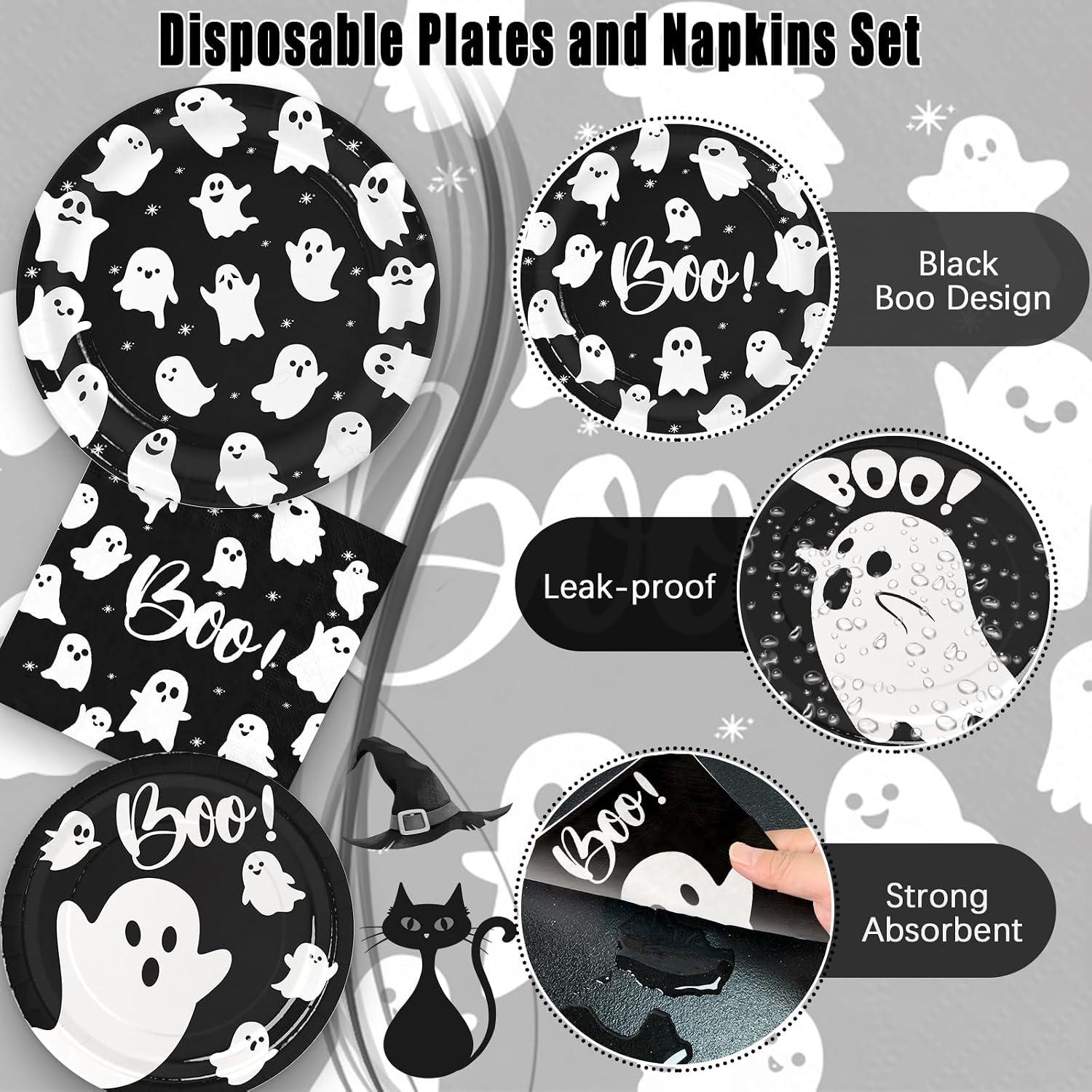 Disposable Halloween Tableware: 180-Piece Set with Ghosts, Stars, and Boo Text for Parties