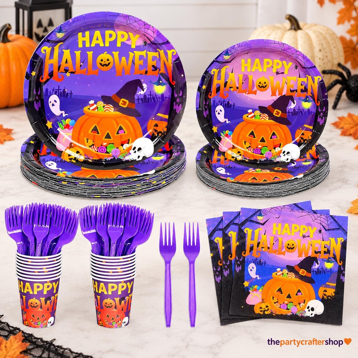 Halloween Party Set: 25 Guests, 9-Inch Dinner Plates, 7-Inch Dessert, 8-Ounce Cups, Napkins, Forks