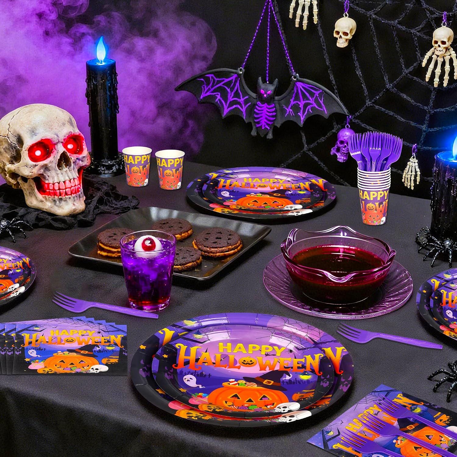 Halloween Party Set: 25 Guests, 9-Inch Dinner Plates, 7-Inch Dessert, 8-Ounce Cups, Napkins, Forks