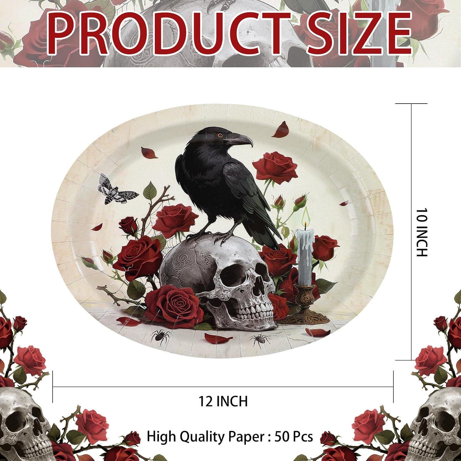 Oval Paper Plates, 50 Pack Gothic Skull Red Rose Black Crow Halloween Table Setting