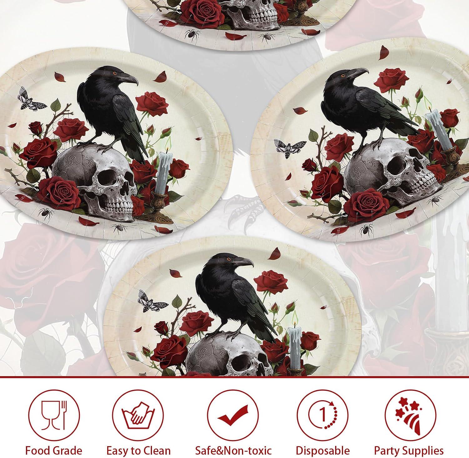 Oval Paper Plates, 50 Pack Gothic Skull Red Rose Black Crow Halloween Table Setting
