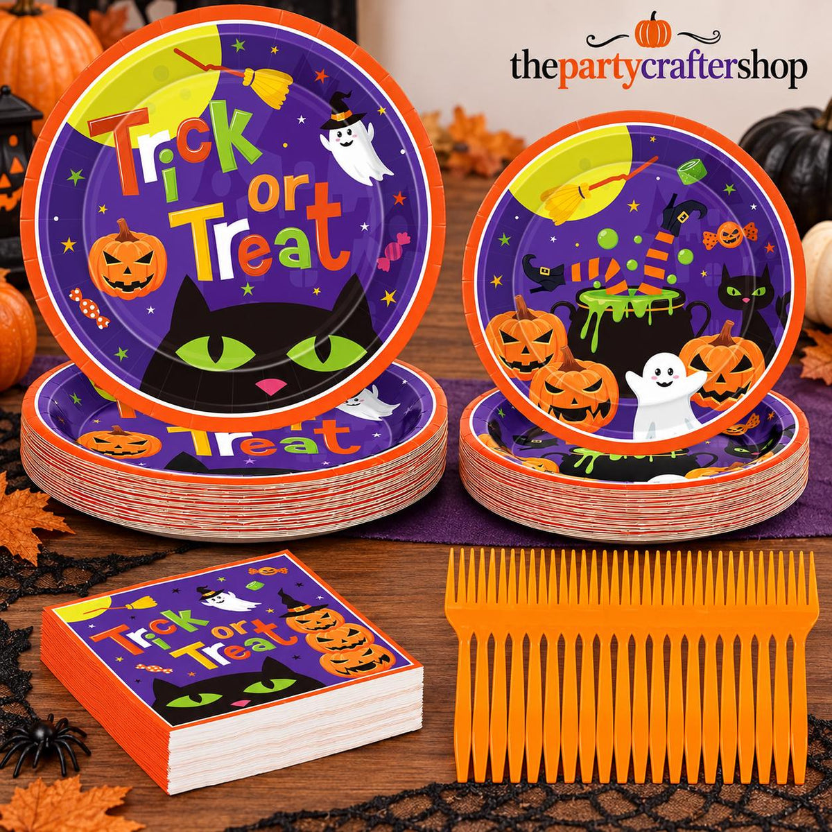 Disposable Halloween Tableware: 9-Inch Plates, 7-Inch Dessert Plates, Printed Napkins
