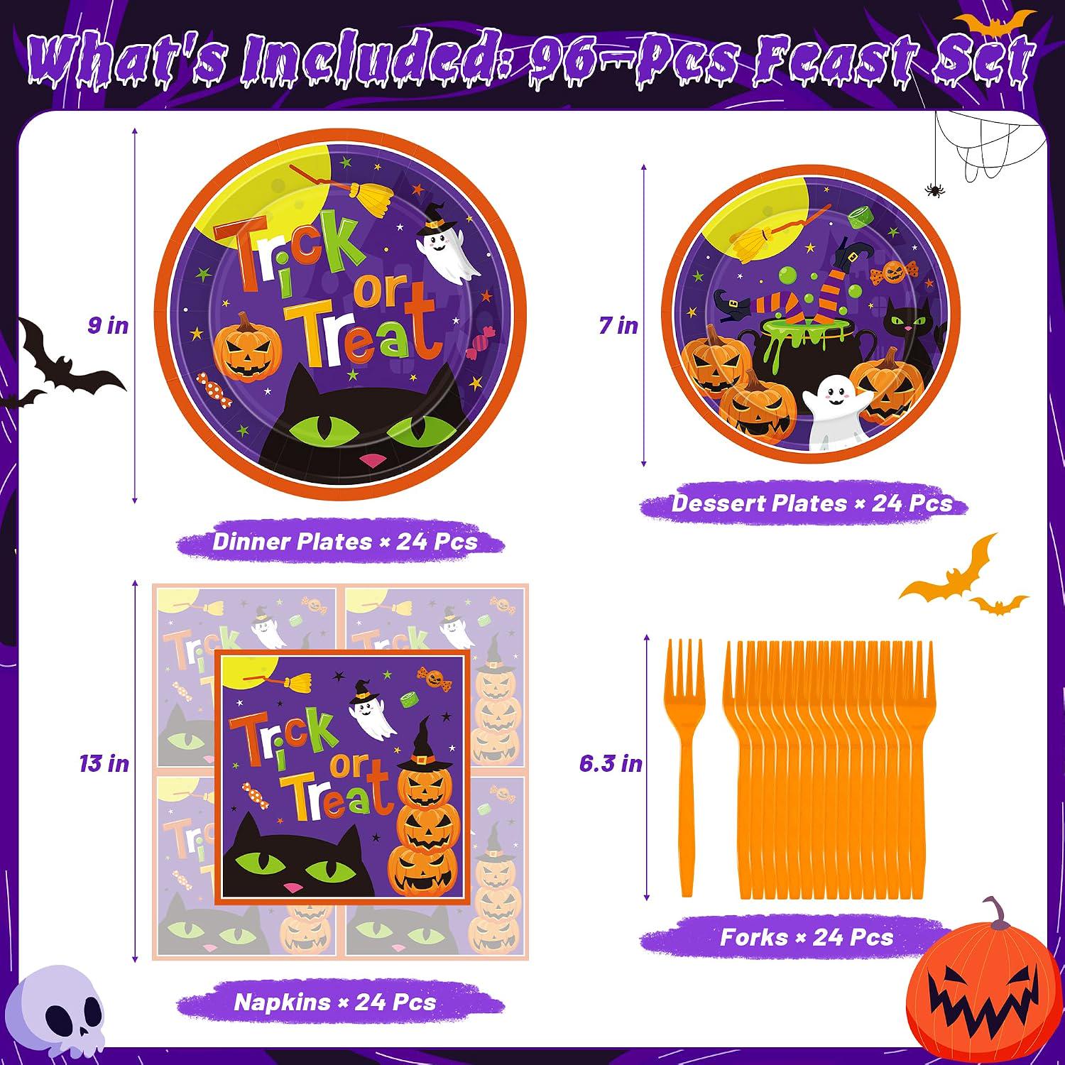 Disposable Halloween Tableware: 9-Inch Plates, 7-Inch Dessert Plates, Printed Napkins