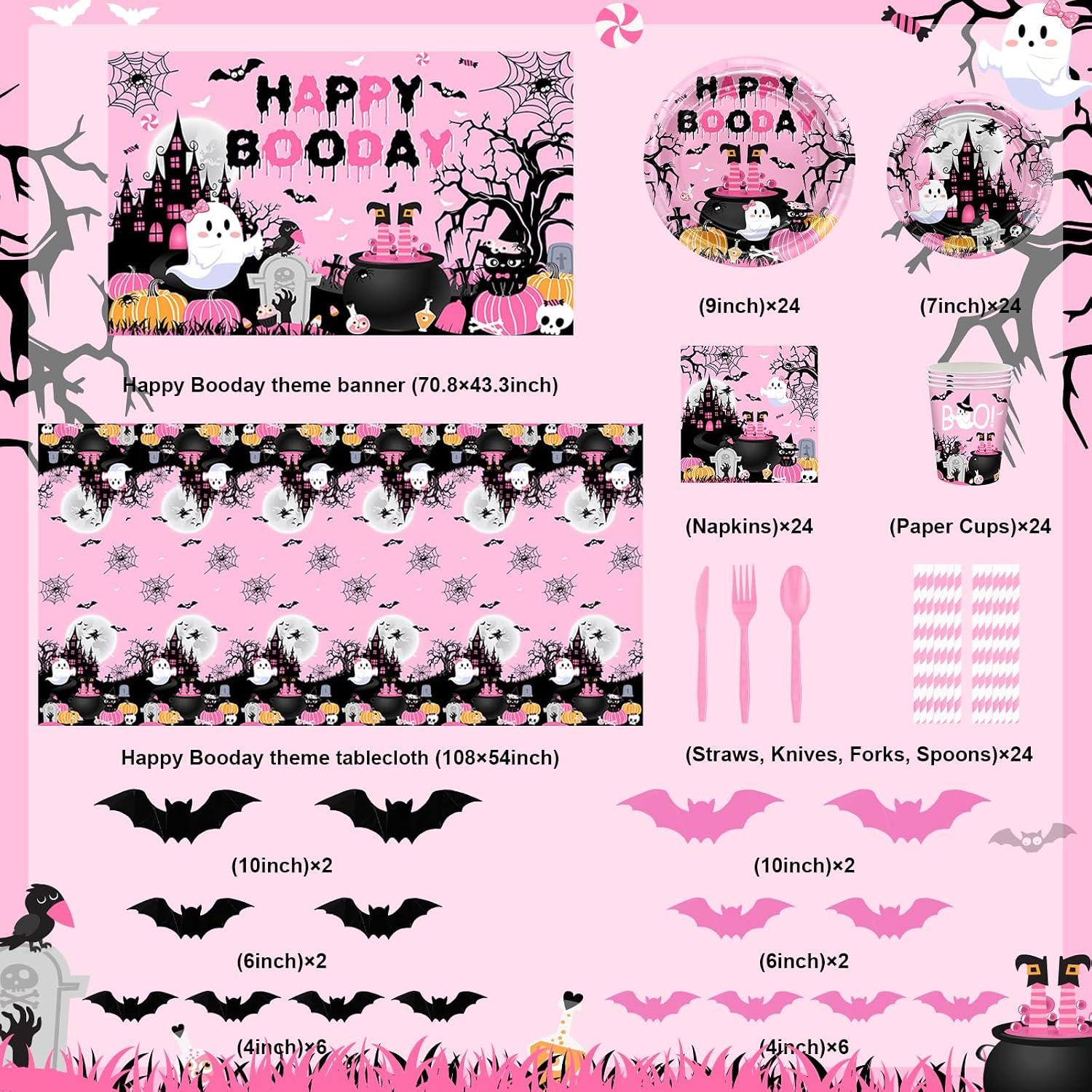 Pink Black Halloween Party Set: 24-Guest Tableware, Backdrop, 80 Balloons