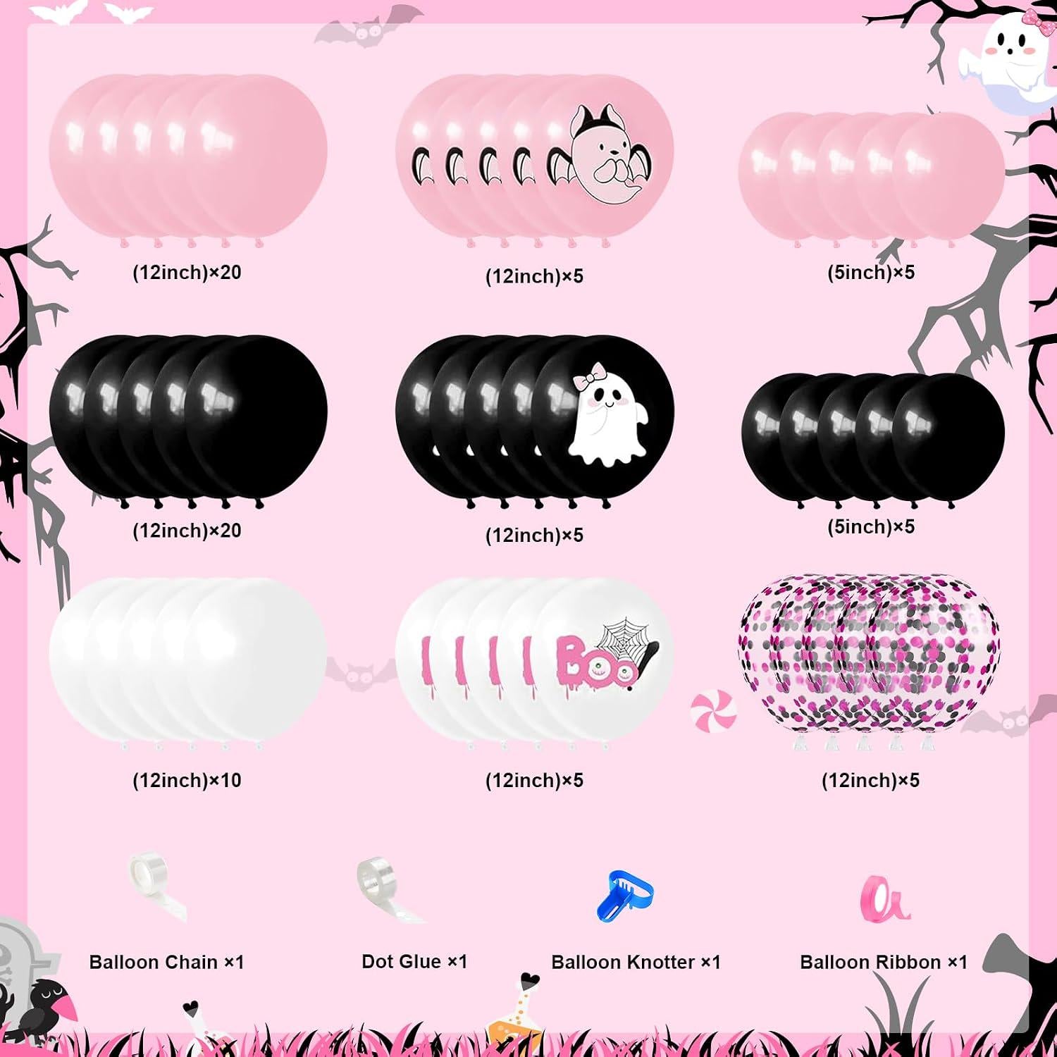 Pink Black Halloween Party Set: 24-Guest Tableware, Backdrop, 80 Balloons