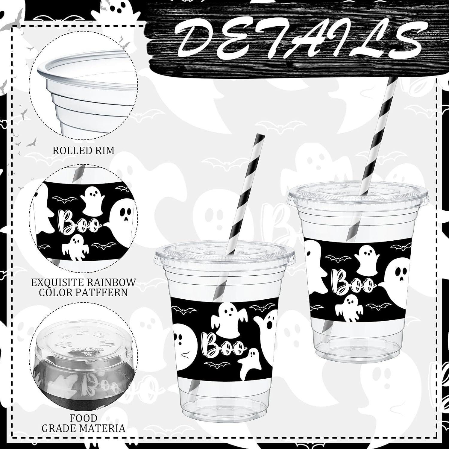 Spooky Drink Station Set: 50 Ghost Cups, Lids, Straws, Seals for Parties