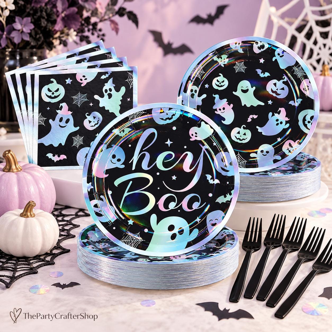 200-Piece Halloween Partyware Set: 9-Inch Hey Boo Plates, 7-Inch Ghost Dessert Plates, Napkins, Forks