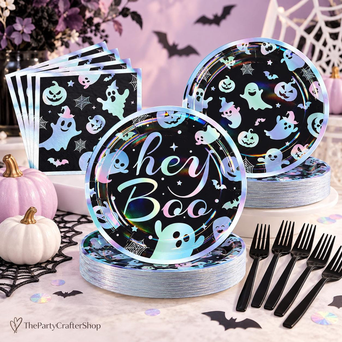 200-Piece Halloween Partyware Set: 9-Inch Hey Boo Plates, 7-Inch Ghost Dessert Plates, Napkins, Forks