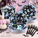 200-Piece Halloween Partyware Set: 9-Inch Hey Boo Plates, 7-Inch Ghost Dessert Plates, Napkins, Forks