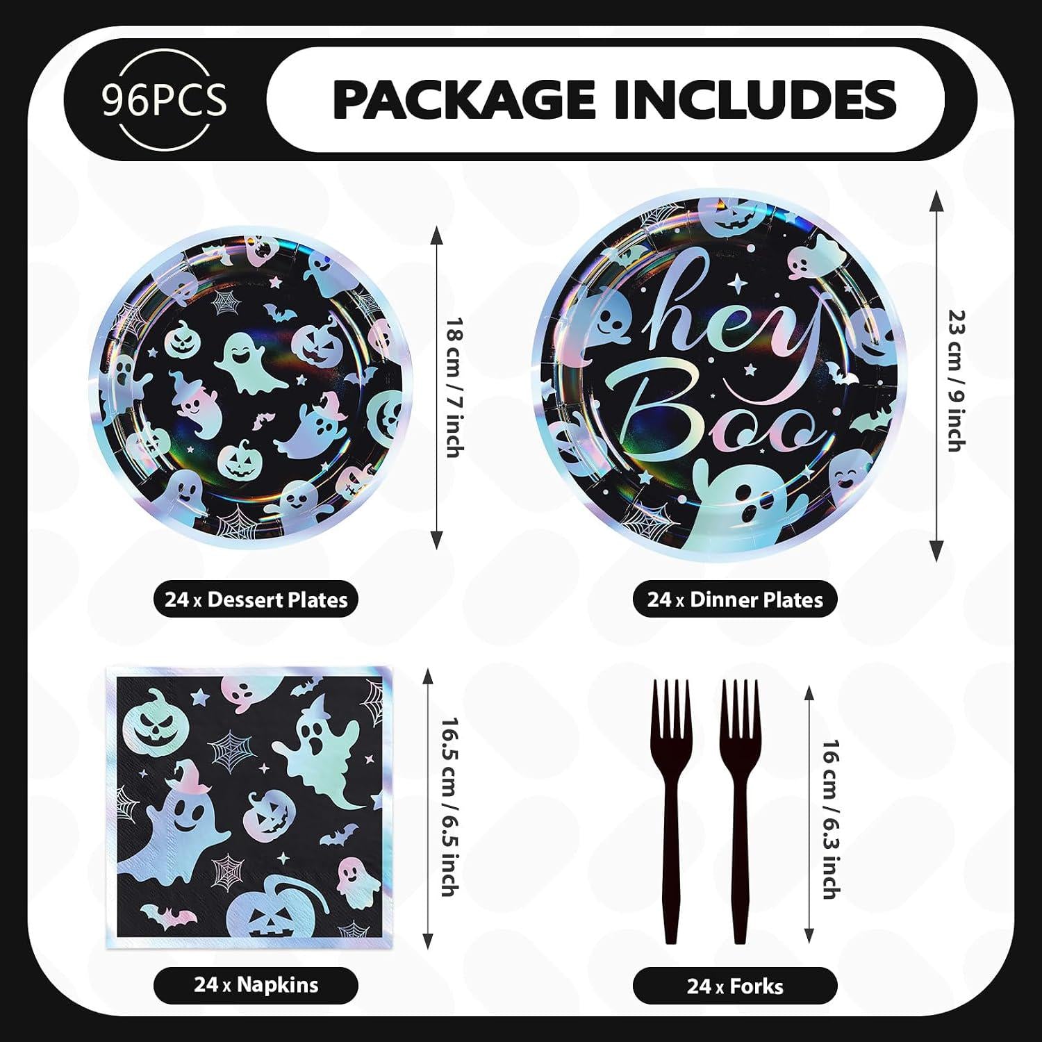 200-Piece Halloween Partyware Set: 9-Inch Hey Boo Plates, 7-Inch Ghost Dessert Plates, Napkins, Forks