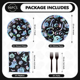 200-Piece Halloween Partyware Set: 9-Inch Hey Boo Plates, 7-Inch Ghost Dessert Plates, Napkins, Forks