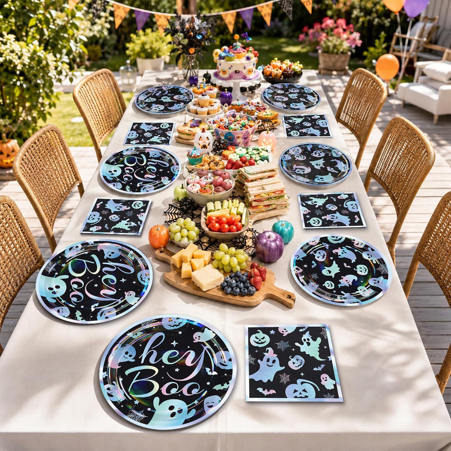 200-Piece Halloween Partyware Set: 9-Inch Hey Boo Plates, 7-Inch Ghost Dessert Plates, Napkins, Forks