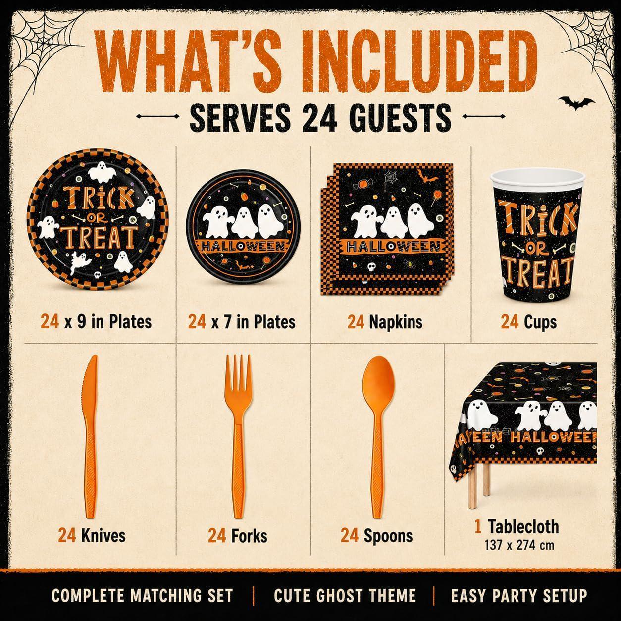 169-Piece Halloween Partyware Set, Black Orange Disposable Plates Cups Napkins Cutlery Tablecloth