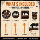 169-Piece Halloween Partyware Set, Black Orange Disposable Plates Cups Napkins Cutlery Tablecloth