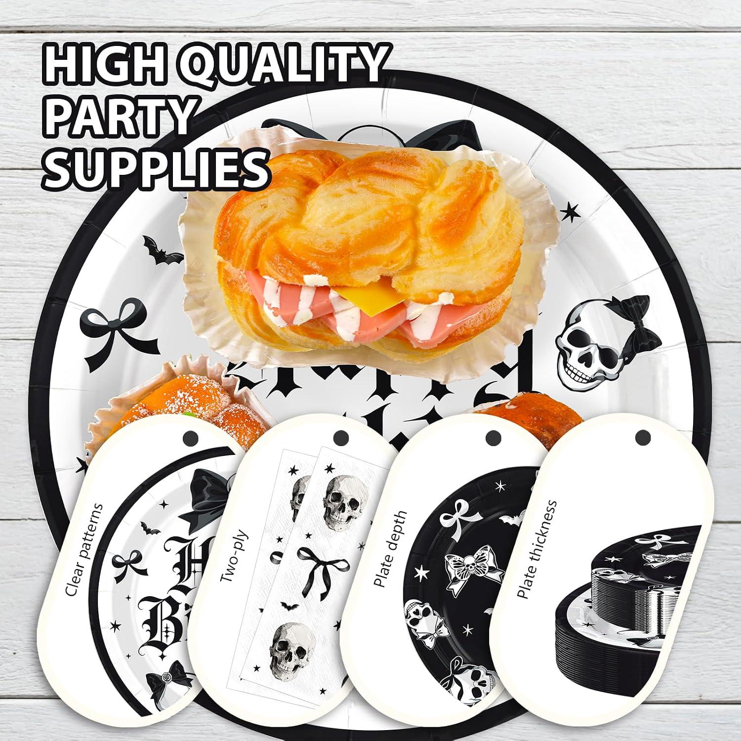 Black White Gothic Partyware: 250-Piece Disposable Skull Bats Bows Birthday Halloween Wedding Party Set
