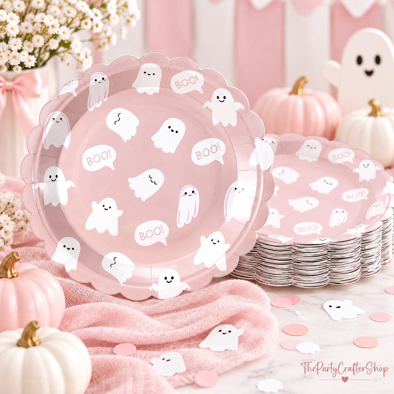 Pink Ghost Paper Plates, 100 Count Disposable 9-Inch Party Plates