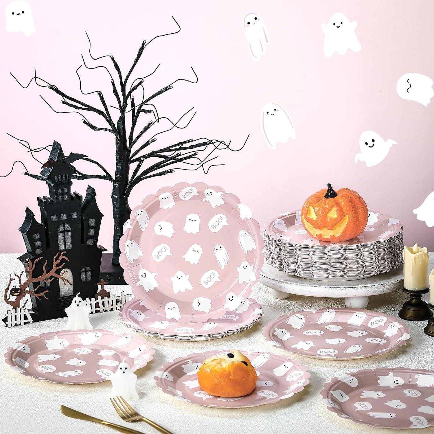 Pink Ghost Paper Plates, 100 Count Disposable 9-Inch Party Plates