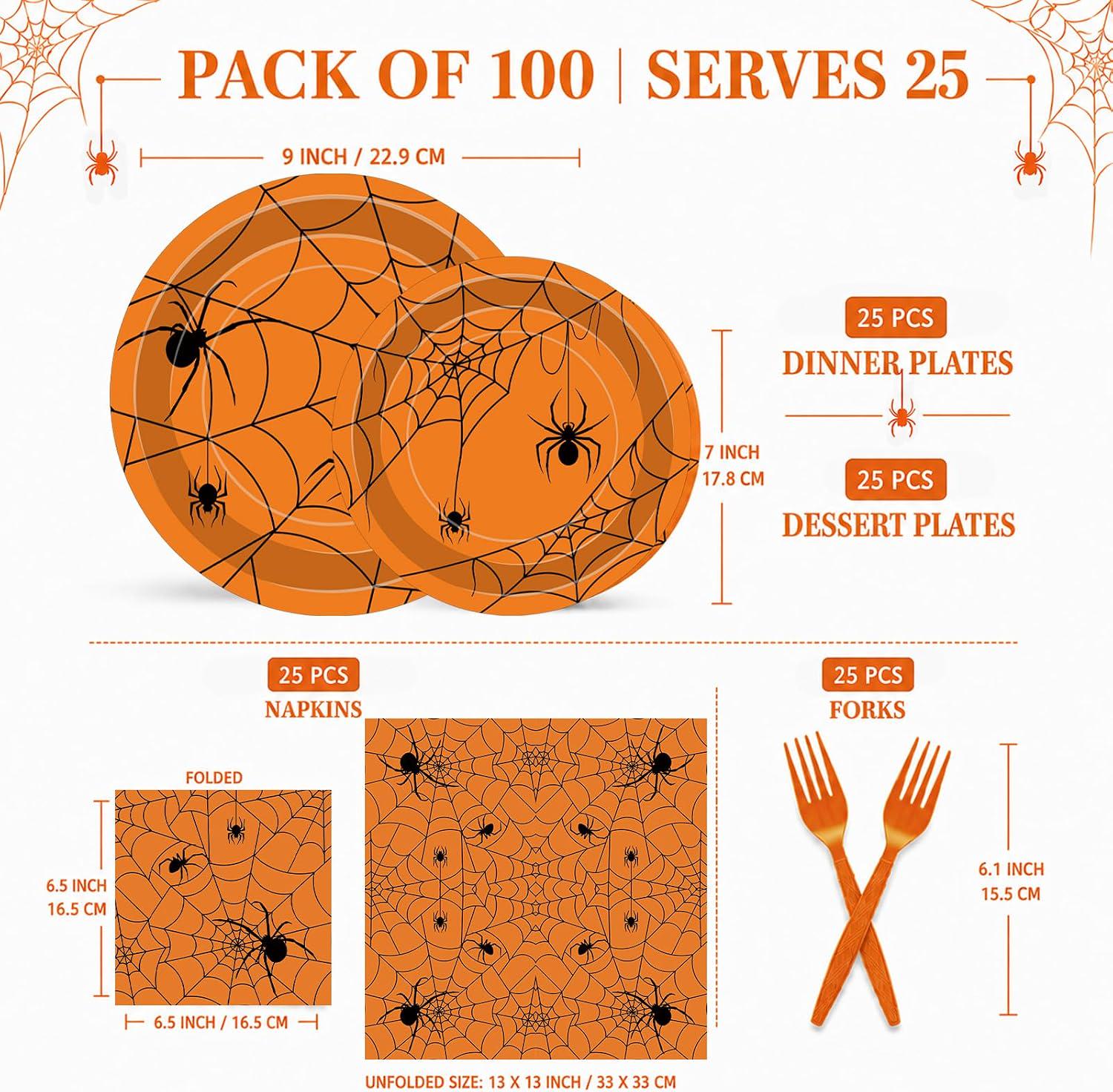 Spooky Halloween Party Supplies: 100-Piece Set with Plates, Napkins, Forks (25 Guests)